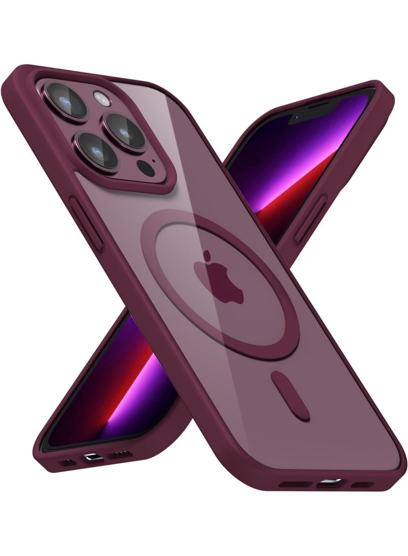 جراب مغناطيسي شفاف لهاتف آيفون 13 برو [مقاوم للصدمات ونحيف] غطاء خلفي صلب شفاف مع حماية عالية الجودة | أحمر داكن